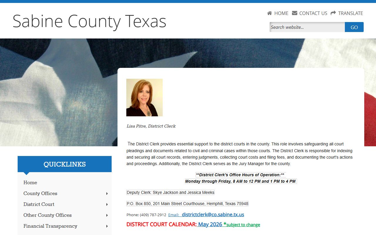 Sabine County court records after jail arrest District Clerk page