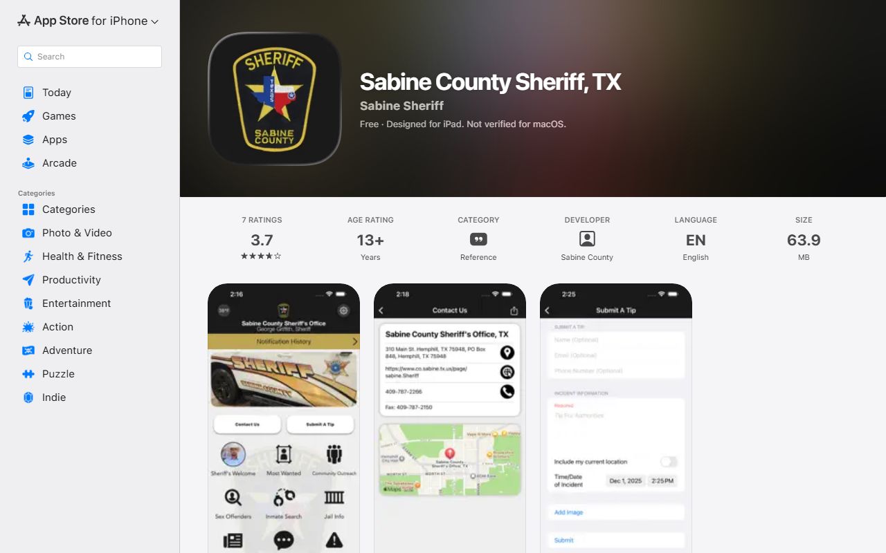Sabine County jail mugshots sheriff app Apple listing